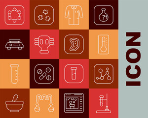 Set line Test tube flask on fire, Chemical formula, Medical thermometer, Laboratory uniform, Gas mask, Electronic scales, Formula of benzene rings and Bacteria icon. Vector