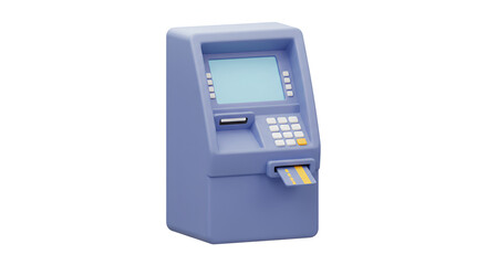 Modern blue ATM cash machine with inserted credit card on an isolated white background
