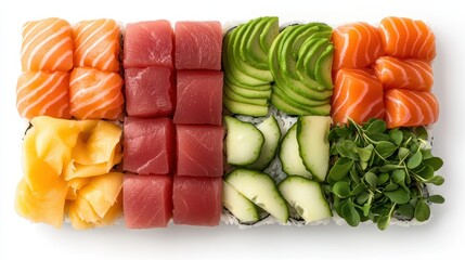 Assorted Sushi Platter with Salmon, Tuna, Avocado, and Ginger