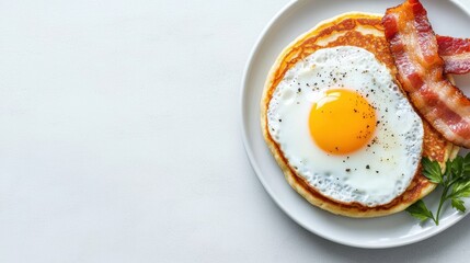 Delicious breakfast with fried egg, pancakes, and crispy bacon