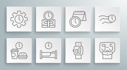 Set line Fast food time, Time is money, to sleep, Smartwatch, From 9, Calendar and clock, flies the and Management icon. Vector