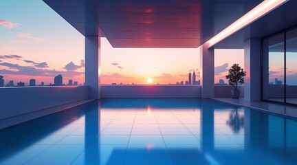 Fototapeta premium A stunning sunset illuminates the cityscape reflected in a modern rooftop pool