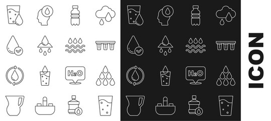 Set line Glass with water, Water drop, filter, Bottle of, Recycle clean aqua, and Wave icon. Vector