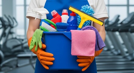 person equipped with orange gloves and a blue apron holds a vibrant blue bucket packed with cleaning essentials—spray bottles, microfiber cloths, brushes, and a squeegee—ready for a thorough sanitizin