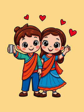 Cute Indian Kids Vector Illustration &ndash; Boy and Girl in Traditional Dress Taking Selfie