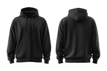 Mockup of a black zip-up hoodie. Front and back views