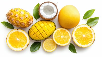 Vibrant Tropical Fruits Display on White Background with Leaves