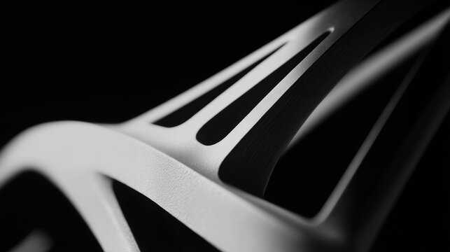 Smooth curves and chamfers of a freshly cut bicycle monocoque frame highlight precision engineering and sustainable manufacturing on a black background