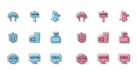 Set line Vote, Indian headdress with feathers, USA Independence day, Burger, box, Shield stars and icon. Vector