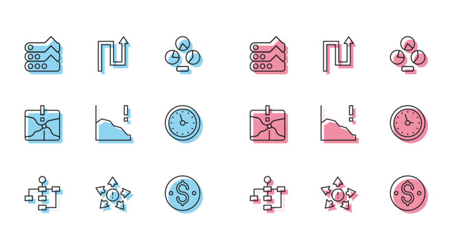 Set line Hierarchy organogram chart, Many ways directional arrow, Graph, diagram, Dollar symbol, Financial growth decrease, Clock, Intersection point and Arrow icon. Vector