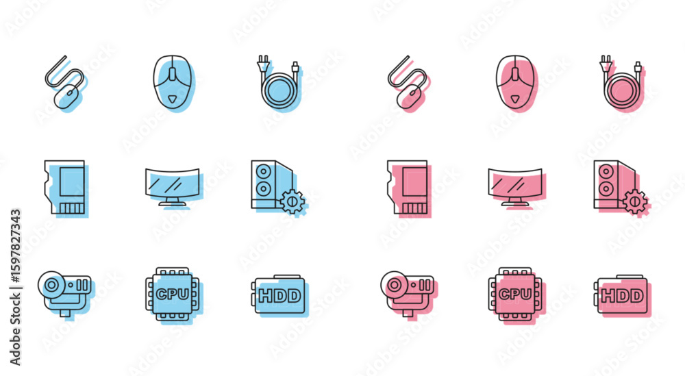 Poster set line web camera, processor with cpu, computer mouse, hard disk drive hdd, monitor screen, case o