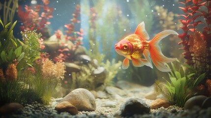 Orange goldfish swims in a planted aquarium with smooth stones and artificial plants.