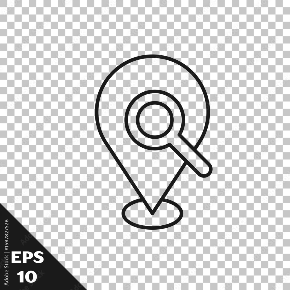 Poster black line search location icon isolated on transparent background. magnifying glass with pointer si