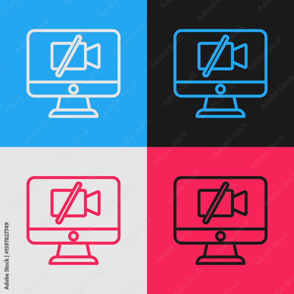 Fototapete Pop art line Video camera Off on computer icon isolated on color background. No video. Vector