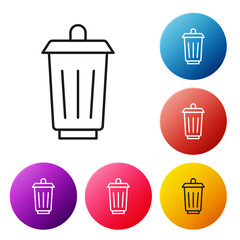 Black line Trash can icon isolated on white background. Garbage bin sign. Recycle basket icon. Office trash icon. Set icons colorful circle buttons. Vector