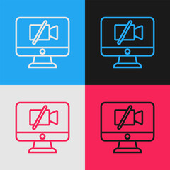 Pop art line Video camera Off on computer icon isolated on color background. No video. Vector