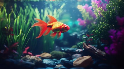 Vibrant goldfish swimming in a lush, underwater aquarium landscape.