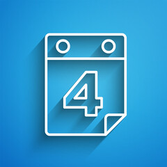 White line Day calendar with date July 4 icon isolated on blue background. USA Independence Day. 4th of July. Long shadow. Vector
