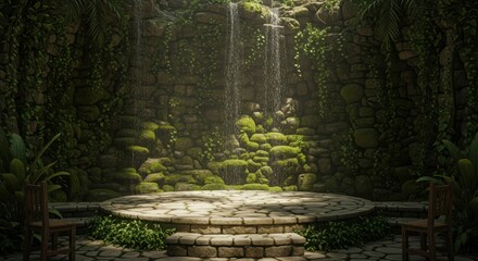 A serene waterfall cascades in a lush, green grotto