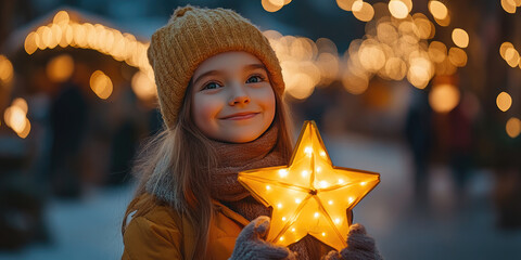 Cheerful girl holding a glowing star-shaped lantern while walking during St. Martin's Day celebration, surrounded by cozy atmosphere and warm autumn lights. Banner with copy space