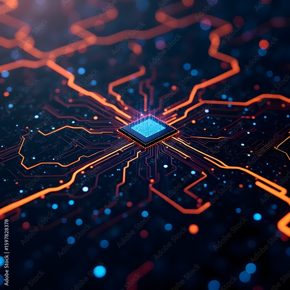 Fototapete abstract futuristic background with red, blue glowing lines on black background. neon light technolo