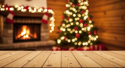 Warm wooden table with a blurred background of a cozy Christmas fireplace and a festive tree adorned with lights.