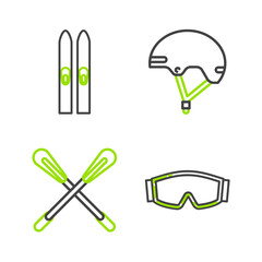Set line Ski goggles, Crossed paddle, Helmet and and sticks icon. Vector