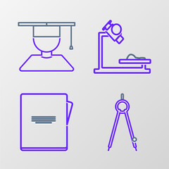 Set line Drawing compass, Notebook, Microscope and Graduate and graduation cap icon. Vector