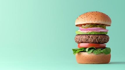 Freshly Assembled Hamburger with Vegetables on Green Background