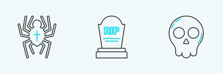 Set line Skull, Spider and Tombstone with RIP icon. Vector