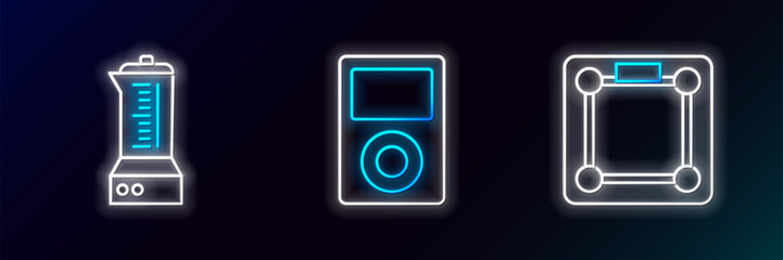 Set line Bathroom scales, Blender and Music player icon. Glowing neon. Vector