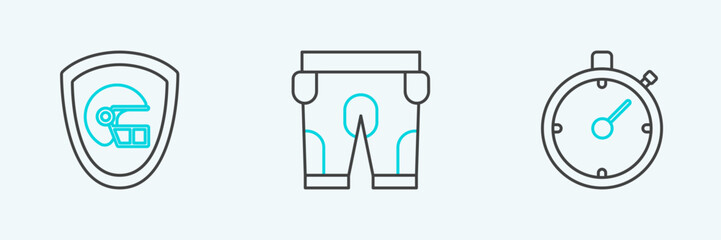 Set line Stopwatch, American football helmet and shield and shorts icon. Vector