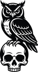 Obraz premium Vintage Owl Sitting on Skull Black Tattoo Style Silhouette Vector