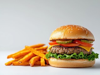 Classic Hamburger with Fresh Vegetables and Sweet Potato Fries