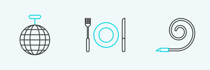 Set line Birthday party horn, Disco ball and Plate, fork and knife icon. Vector