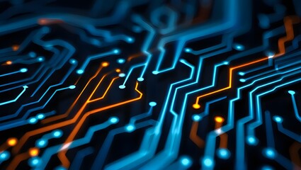 Futuristic glowing circuit board with vibrant blue and red lights representing advanced technology