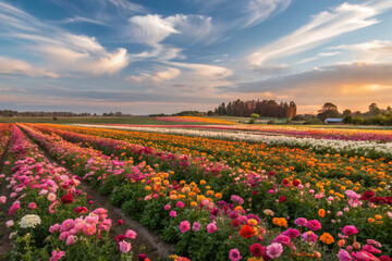 High-resolution image of expansive flower fields in full bloom, showcasing vibrant colors and natural beauty. The scene may include tulips, lavender, sunflowers etc.