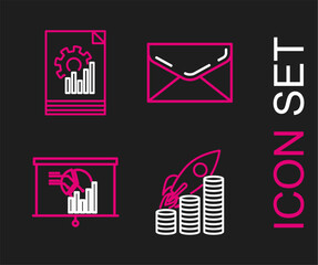 Set line Rocket flying up on coins growth chart, Board with graph, Envelope and Document icon. Vector