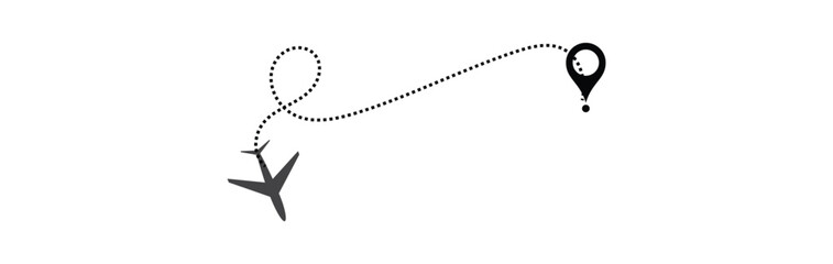 air plane flight route with start point and dash line trace. Various aircraft and destination location pins icons. Aircraft tracking, planes, travel, map