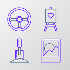 Set line Photo frames, Shovel in the ground, Wood easel or painting art boards and Steering wheel icon. Vector