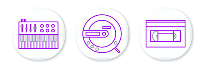 Set line VHS video cassette tape, Music synthesizer and CD player icon. Vector