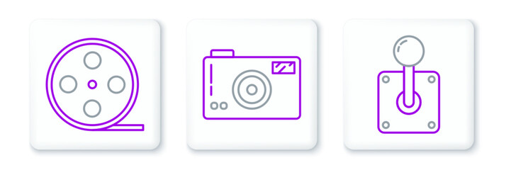 Set line Joystick for arcade machine, Film reel and Photo camera icon. Vector