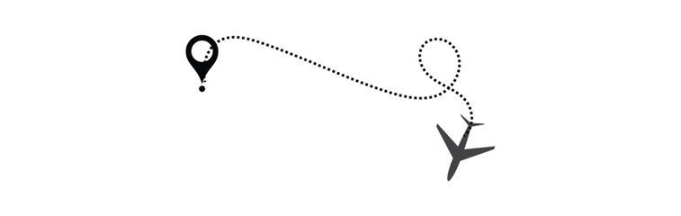 air plane flight route with start point and dash line trace. Various aircraft and destination location pins icons. Aircraft tracking, planes, travel, map