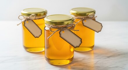 Three jars of golden honey with blank labels