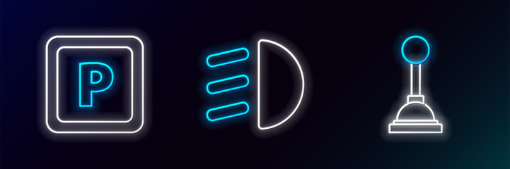 Set line Gear shifter, Parking and High beam icon. Glowing neon. Vector