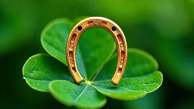 Irish Golden Horseshoe on Clover, St. Patrick's Day Symbols. AI Generative
