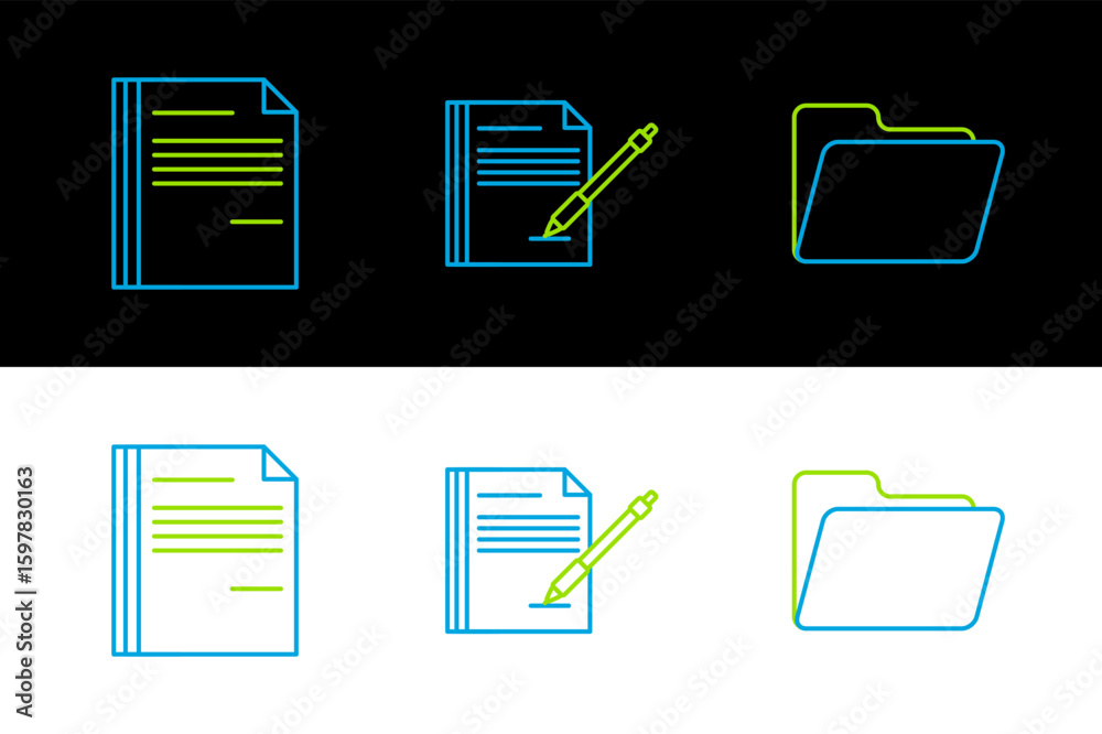 Poster set line document folder, file document and blank notebook and pen icon. vector