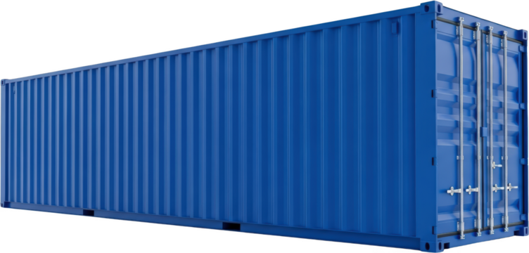 A bright blue corrugated shipping container with silver locking bars on its doors transparent background
