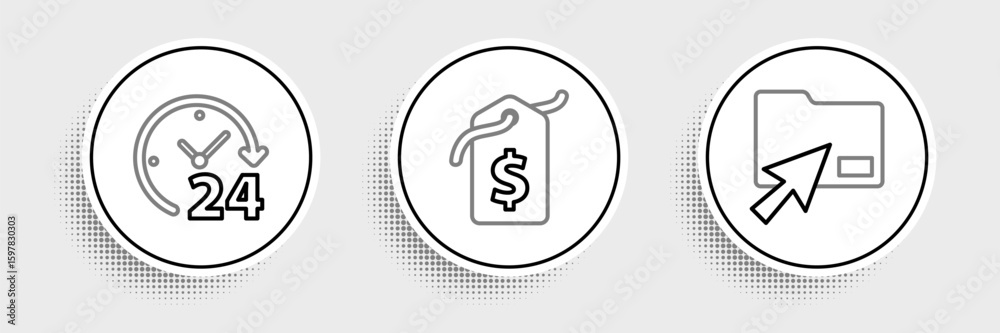Aufkleber set line cursor click document folder, clock 24 hours and price tag with dollar icon. vector