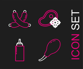 Set line Chicken leg, Sauce bottle, Fresh frozen steak meat and Crossed sausage icon. Vector